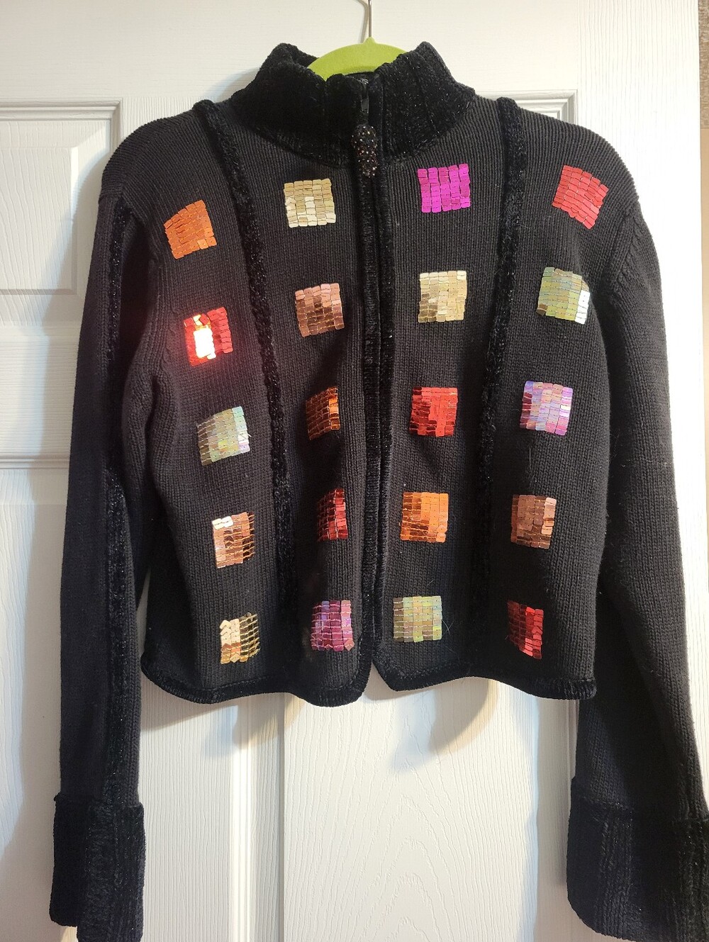 Susan Bristol Black Zip-Up Jean Jacket with Multicolor Sequin Squares